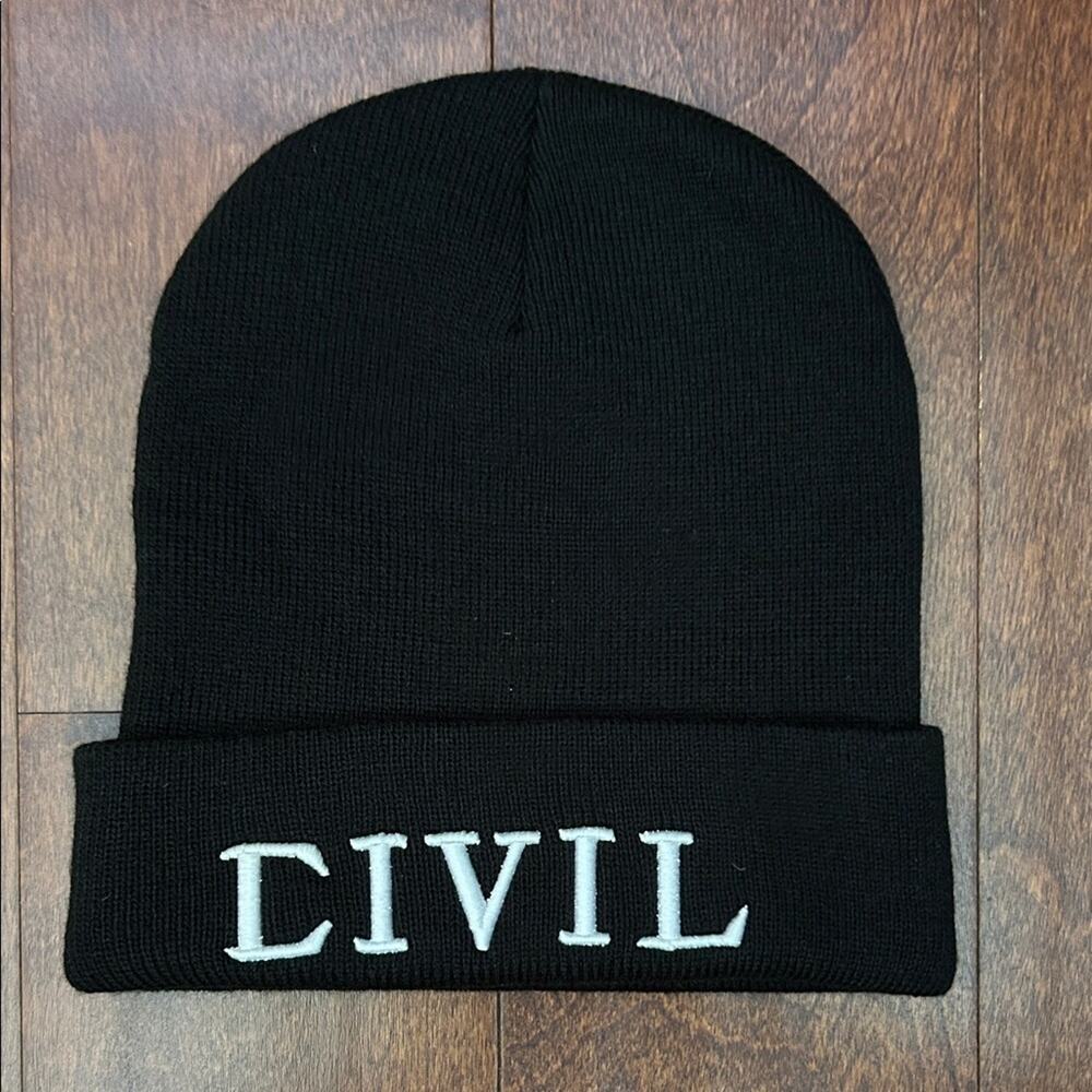 Civil Regime Black and White Knitted Beanie, Embroidered Lettering, NWOT